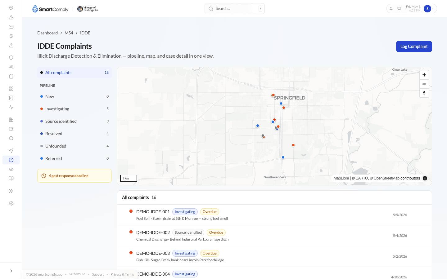 SmartComply Storm — IDDE complaints map and list